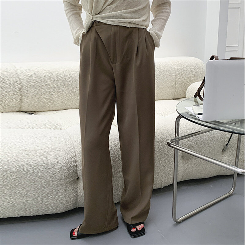 8133 outono feminino novas calças retas drape cintura alta irregular botão chique all-match temperamento senhora do escritório terno longo calças