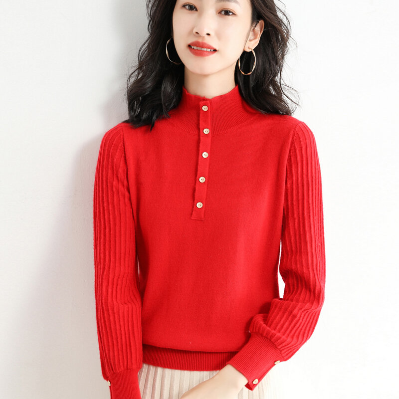 Sweter Wanita Lengan Lentera Setengah Leher Tinggi Sweter Wol Rajutan Ramping Mode Dasar Tombol Korea Musim Semi Musim Gugur Musim Dingin 2021 Baru