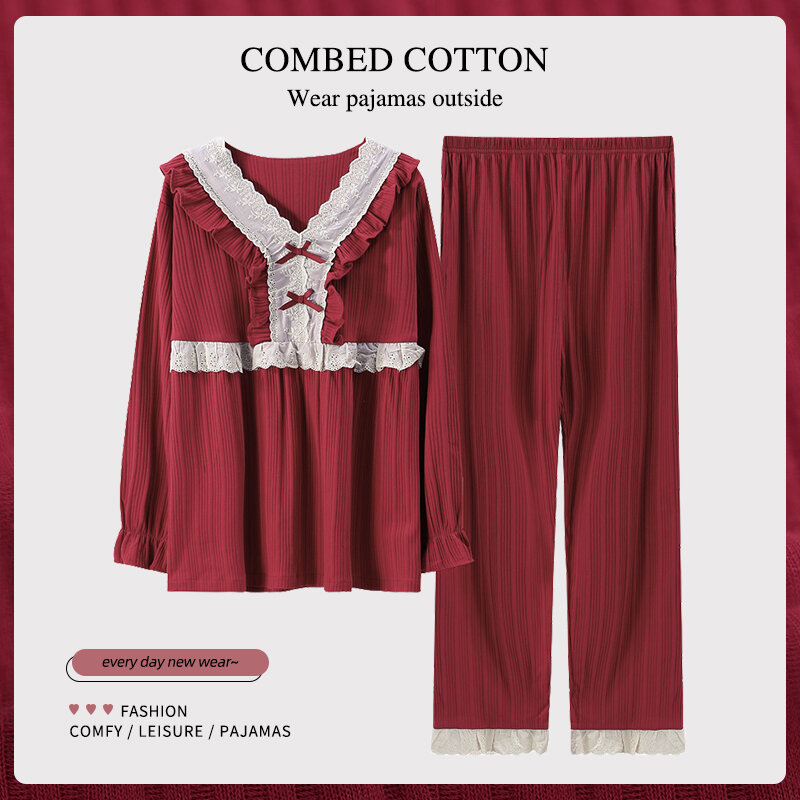 Trẻ Trung Nữ Cổ Chữ V Bộ Đồ Ngủ Thu Xuân Full Cotton Đồ Ngủ Màu Đỏ Đô Công Chúa Phối Ren Tay Dài Pyjamas Nhà Nữ Phù Hợp Với