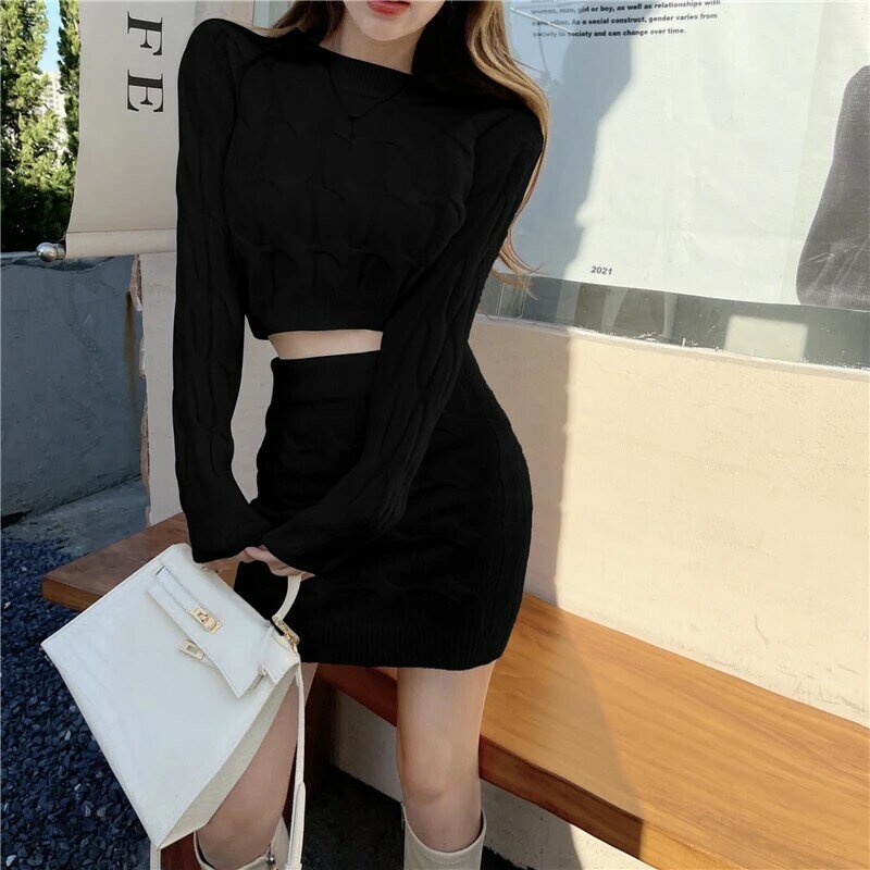 Elegant Fall Winter Knitted 2 Piece Set Chic Women Sexy O Neck Sweater Crop Top + Bodycon Mini Skirt Korean Suit