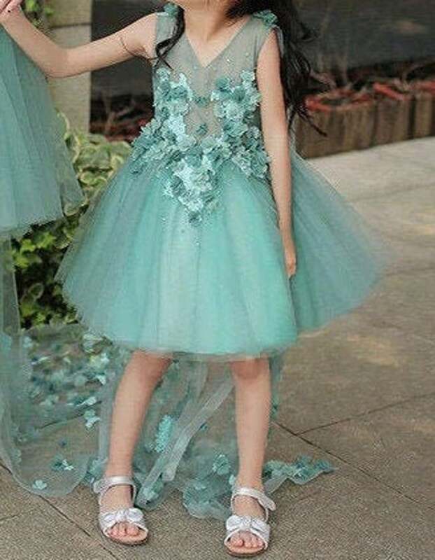 녹색 A 라인 꽃 소녀 드레스, V 넥 짧은 소매 3D 꽃 아플리케, 어린이 생일 파티 의상 미니 드레스