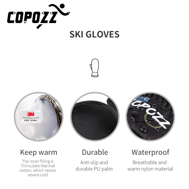 COPOZZ-guantes de esquí para adulto y adolescente, manoplas térmicas cálidas a prueba de viento para nieve, esquí y moto de nieve, 30 ℃