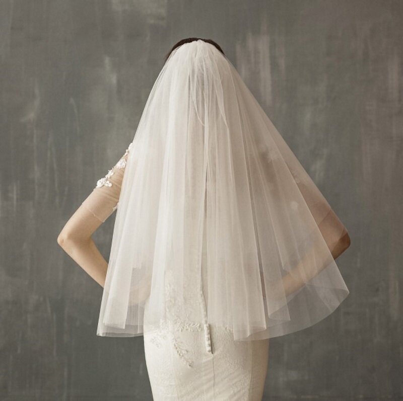 V002-velo de novia de doble capa, accesorio de boda con nudo, longitud de cadera, europeo y americano, con peine