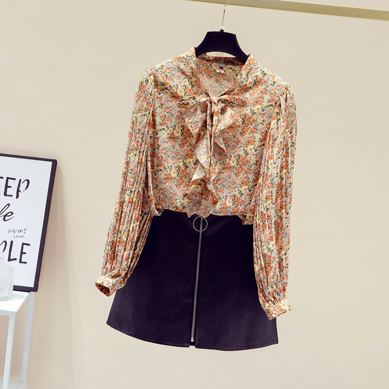Женская блузка в стиле ретро, шифоновая тонкая рубашка с цветочным принтом, длинным рукавом-фонариком и воротником-стойкой, весна 2021