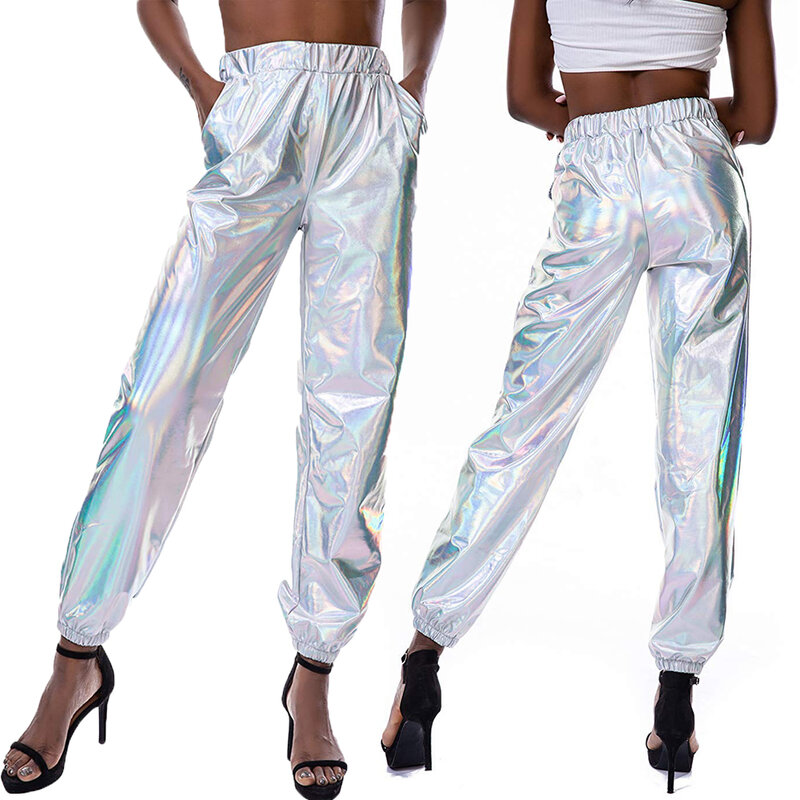 Pantalones de cintura alta para mujer, pantalón brillante metálico, ropa de calle informal de Color holográfico, pantalones reflectantes lisos a la moda