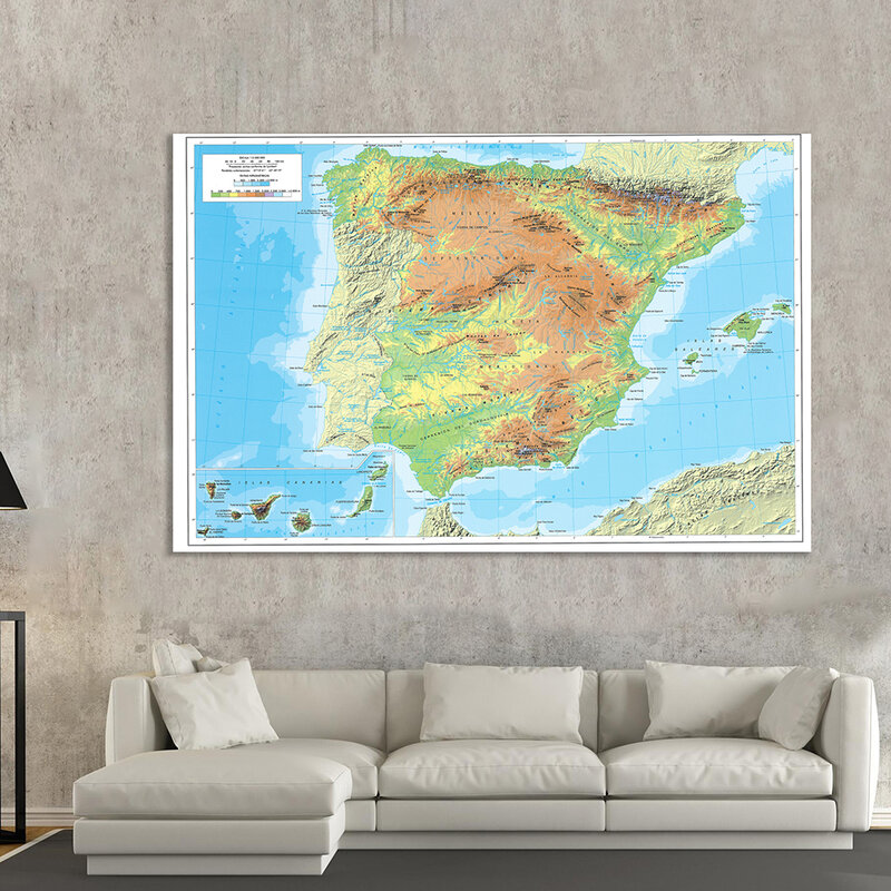 Pintura en lienzo de 225x150 Cm, póster grande para decoración del hogar, material escolar, mapa otográfico de España en español