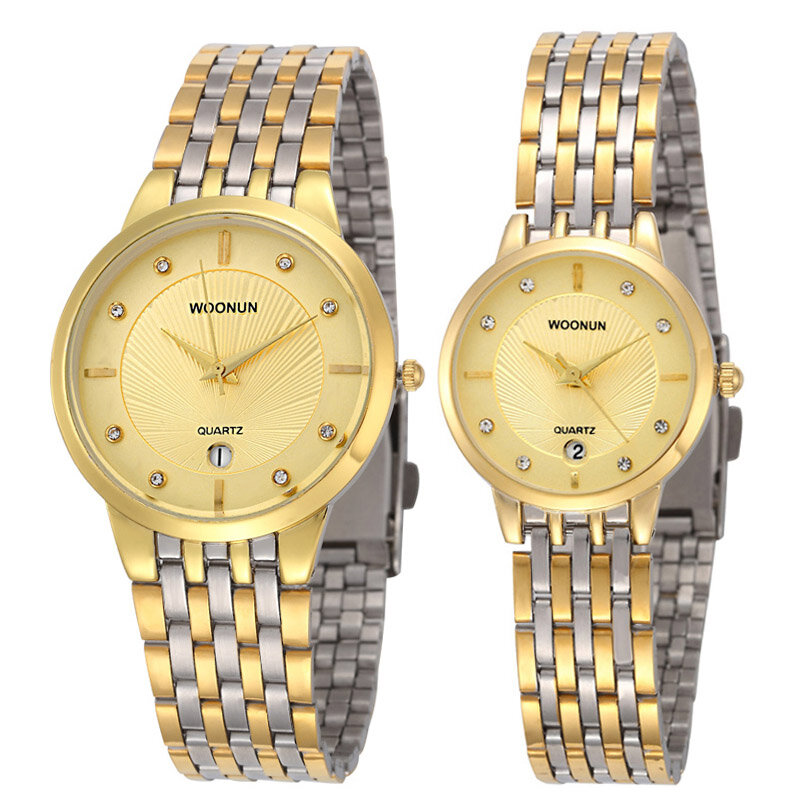Marca de luxo woonun par casual relógios aço inoxidável quartzo casal relógio moda amantes relógios horas dia dos namorados presente