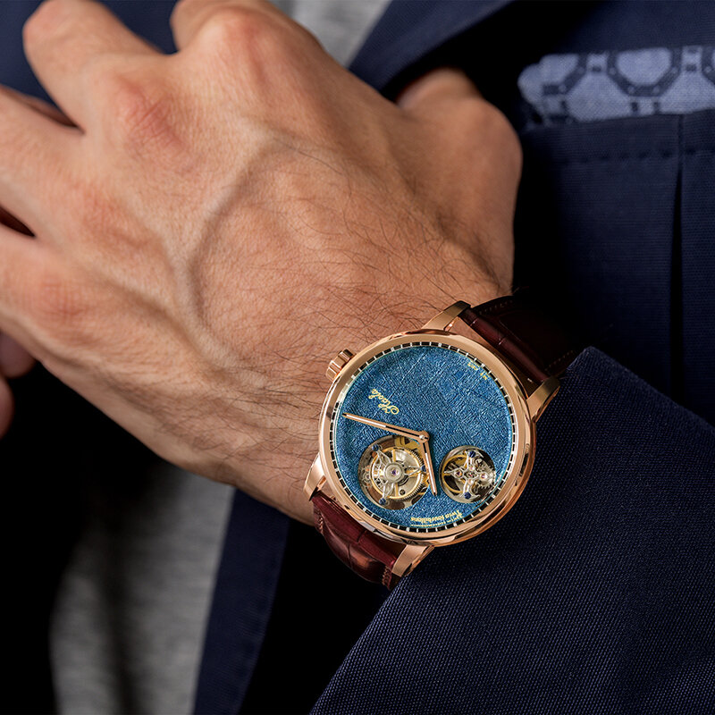 Haofa-reloj mecánico de Tourbillon doble para hombre, pulsera Manual de zafiro con movimiento de esqueleto, de lujo