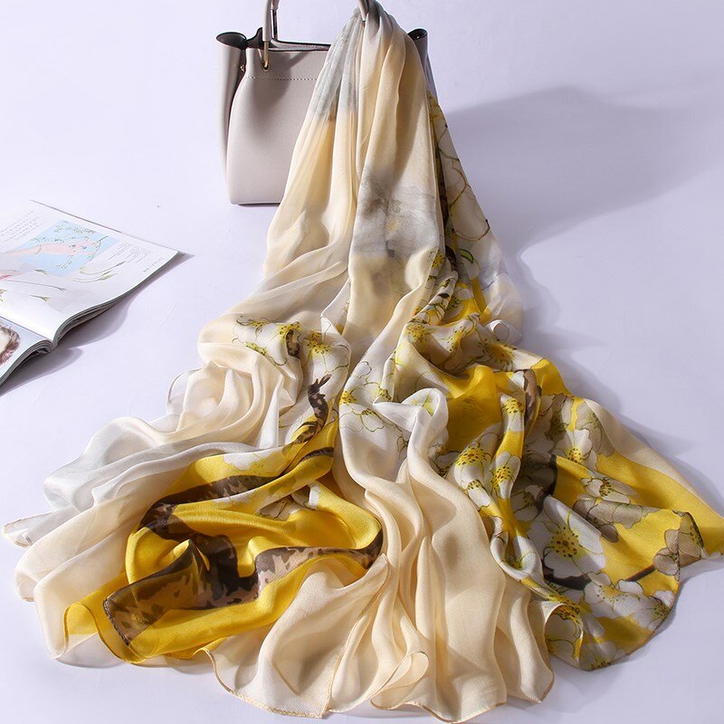 Wiosna 100% jedwabny długi szalik kobiety Hangzhou jedwabne szale Wrap drukowane fular Femme Bufanda luksusowe duże chusty 110X190CM