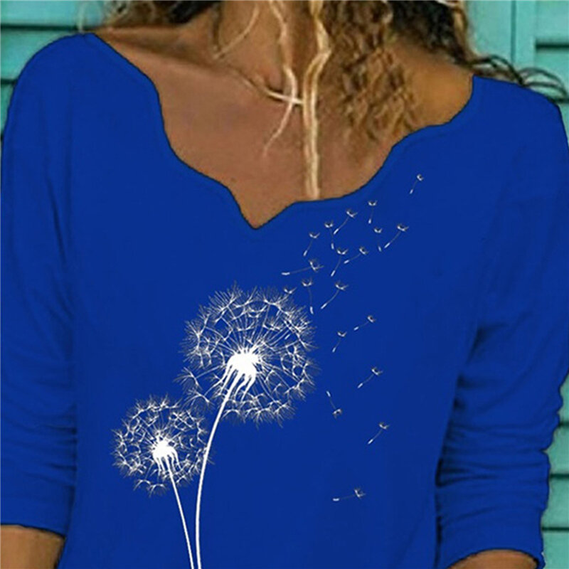 Blusa informal de manga larga con cuello en V para mujer, camisa elegante con estampado de diente de león, ropa de calle a la moda, Jersey, Otoño, 2020