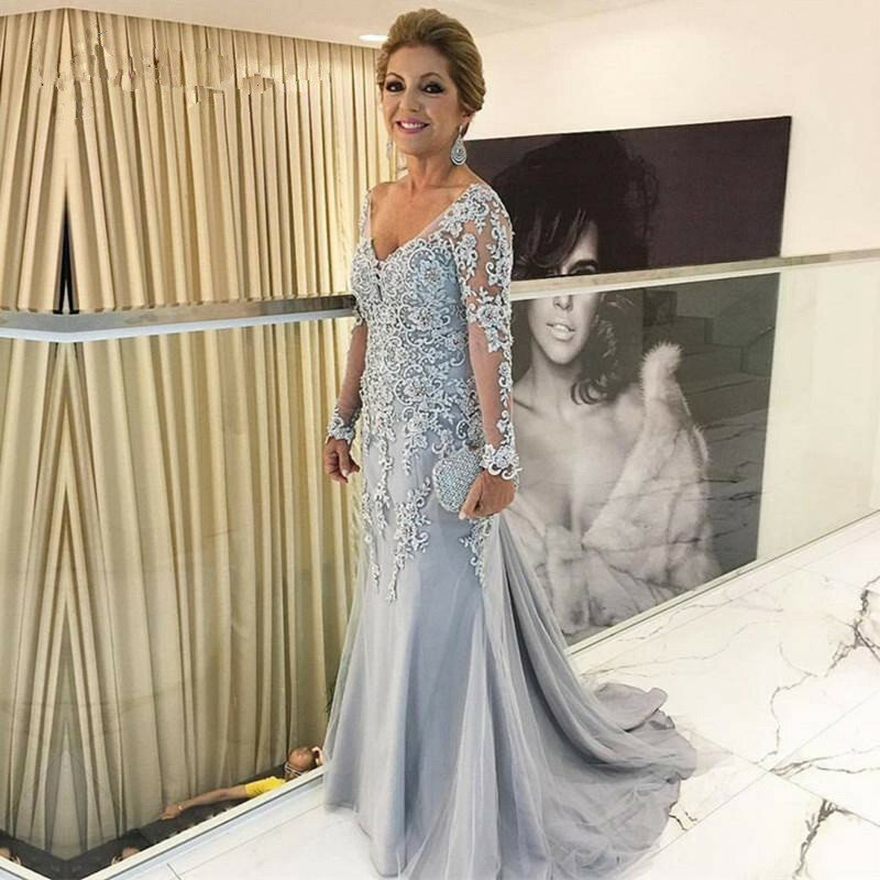 Silver 2023 Mother Of The Bride Dress Mermaid V-neck Long Sleeves Tulle Appliques Beaded Groom Long Mother Party Gowns