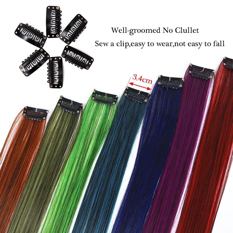 AOSI-extensiones de cabello postizo, hebras de colores, horquillas, extensiones de cabello Natural sintético, Clip, arcoíris