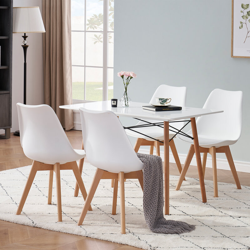 Ensemble de 4 chaises de salle à manger modernes, chaise de cuisine de style rétro, inspiré du bois massif, siège rembourré en plastique avec coussin