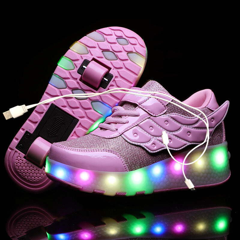عجلتين مضيئة أحذية رياضية مصباح ليد أحذية التزلج الأسطوانة للأطفال أطفال Led أحذية الفتيان الفتيات أحذية تضيء مع عجلات حذاء