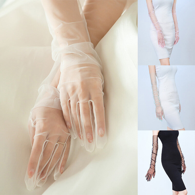 Guantes transparentes de tul para mujer, manoplas largas de dedo completo con codo, para fotografía y fiesta de boda, 2024