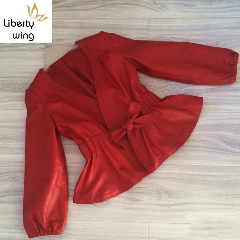 V-Leher Kulit Domba Mantel Musim Semi 2020 New Merah Hitam Vintage Wanita Plus Ukuran Wanita Pendek Asli Jaket Kulit