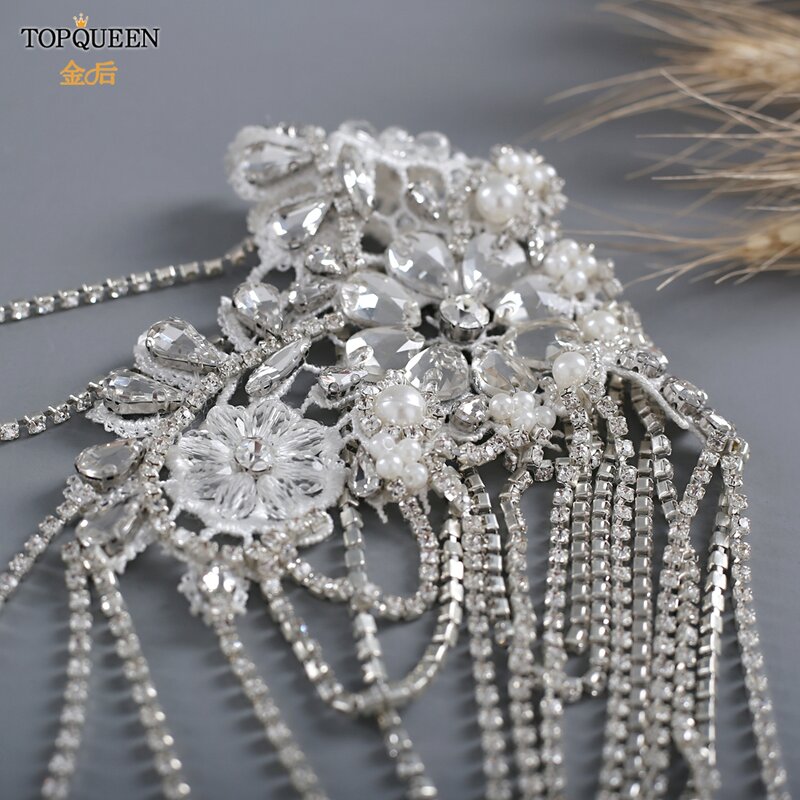 TOPQUEEN-collar de capa del hombro de boda SG11 para mujer, chal de novia con cristales con cuentas de diamantes, cadena de decoración para hombro para novia