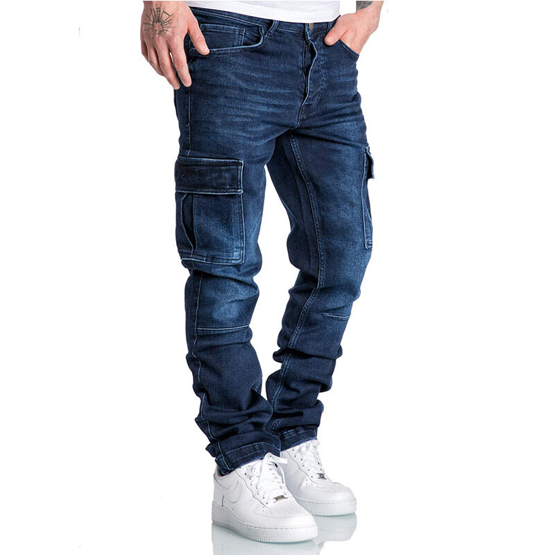 Pantaloni Casual da uomo 2021 pantaloni blu multitasche moda Hip-Hop Slim Straight Outdoor Running tuta lavata Jeans alta qualità