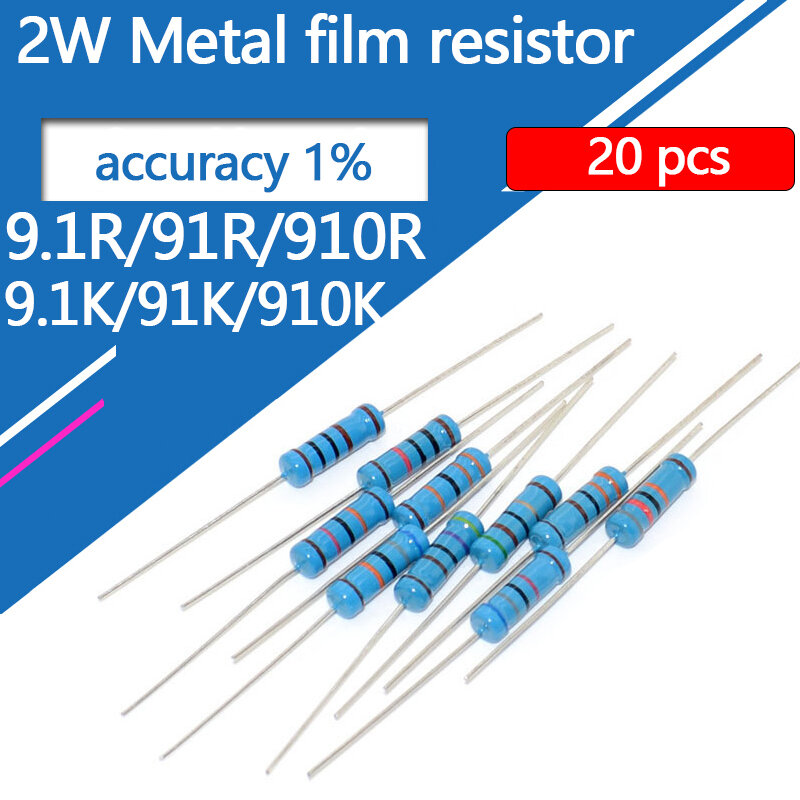 Resistor Film logam, 20 buah 2W 9.1R 91R 910R 9.1K 91K 910K 9R1 9.1 91 910 Ohm R K akurasi 1% cincin lima warna resistensi 0,1r-910