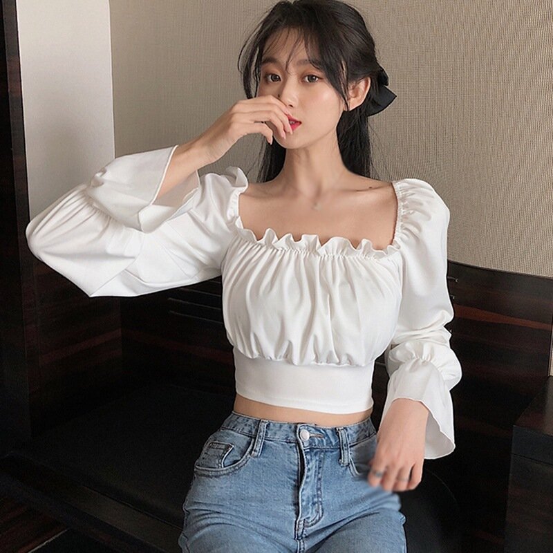 Blusa de estilo coreano para mujer, camisa de manga larga con tirantes cruzados, Sexy, adelgazante, Burbuja