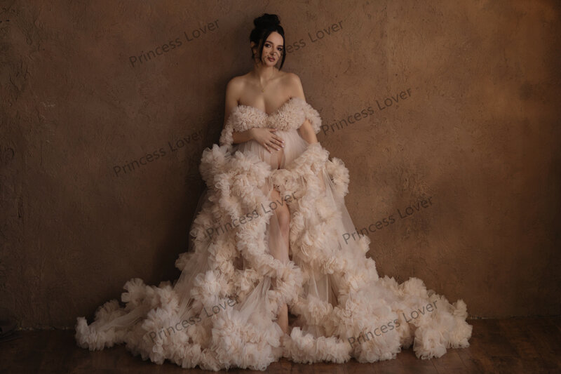 Maternity Dresses for Women Photography Props Bridal Robe платье для беременных Tulle Ruffles Wrap Fluffy Baby Shower Gown