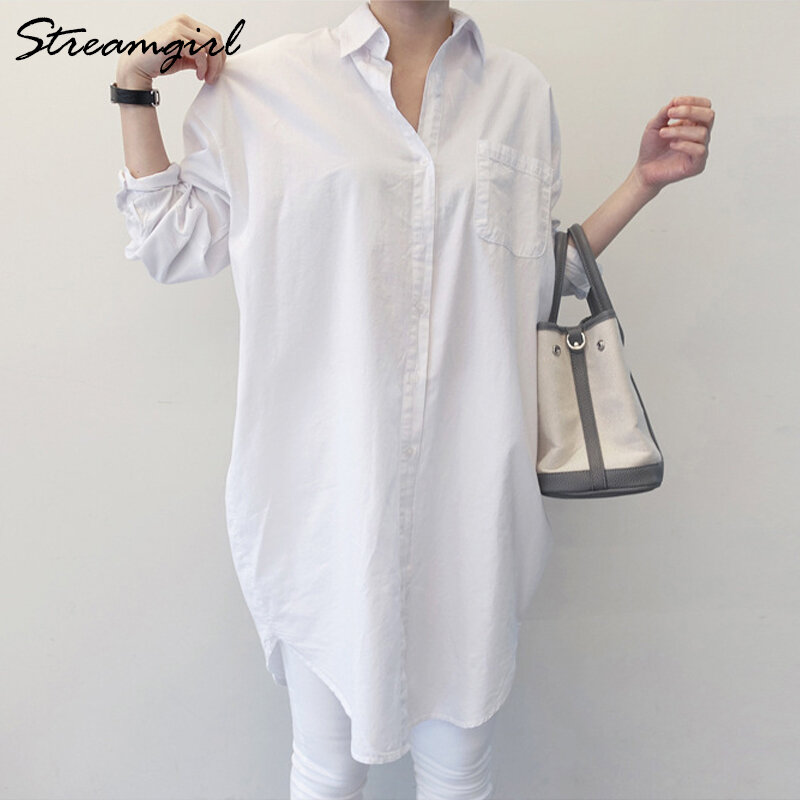 Streamgirl-túnica de manga larga para mujer, camisa holgada de gran tamaño, ropa coreana para novio, blusa de oficina, color blanco
