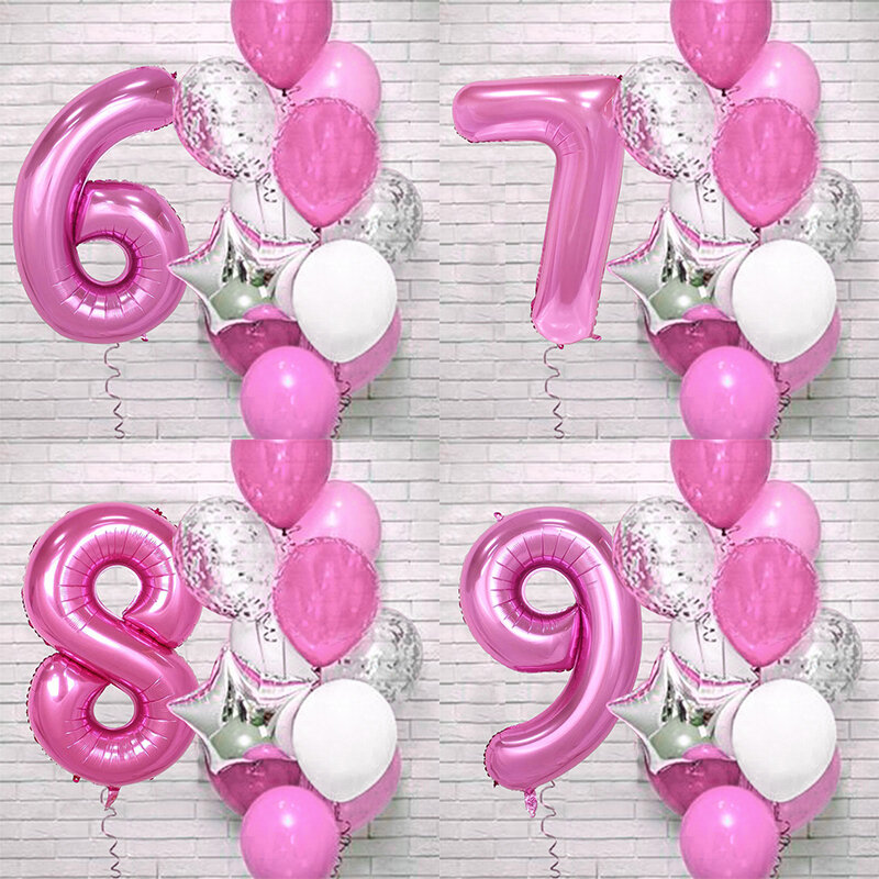 Globos de aluminio con números para decoración de fiesta de cumpleaños, globos de látex para niños y niñas de 1, 2, 3, 4, 5, 6, 7, 8 y 9 años, color rosa, 12 piezas