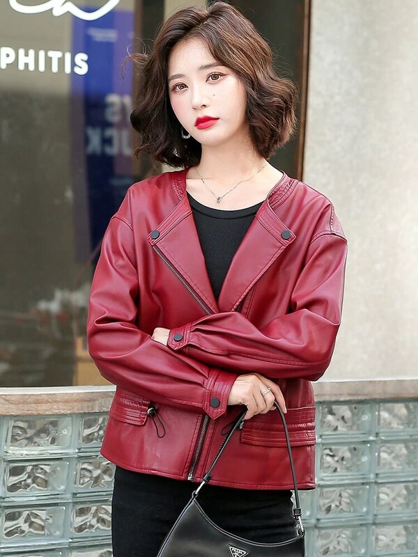 새로운 여성 바이커 가죽 재킷 봄 가을 2024년 패션 디자인 오넥 단색 지퍼 모든 경기 헐렁한 짧은 양가죽 코트