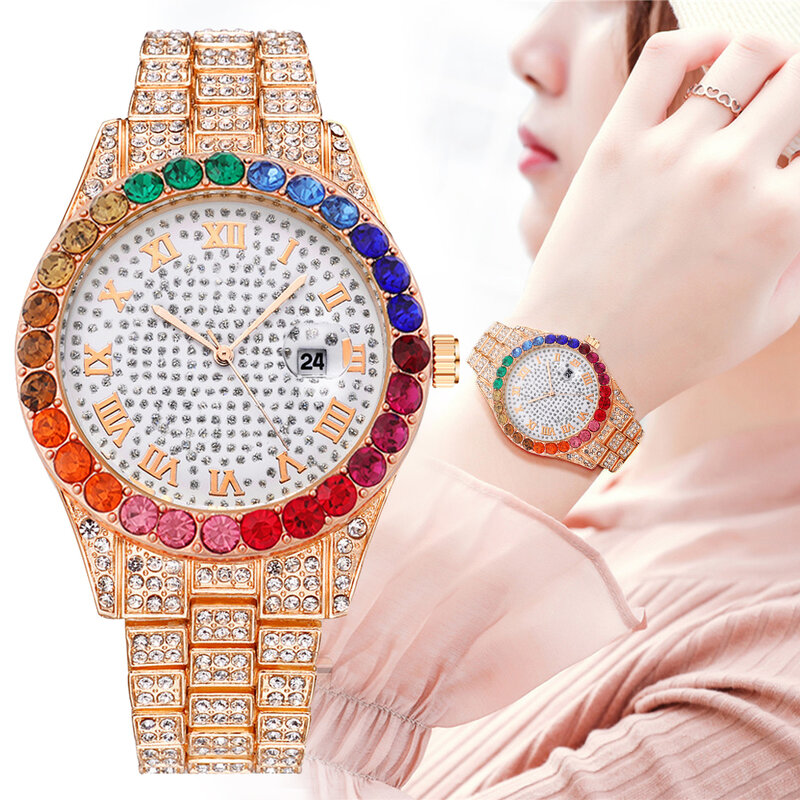Montre de luxe pour femmes, avec Bracelet en diamant, Quartz, cristal, décontracté, à la mode