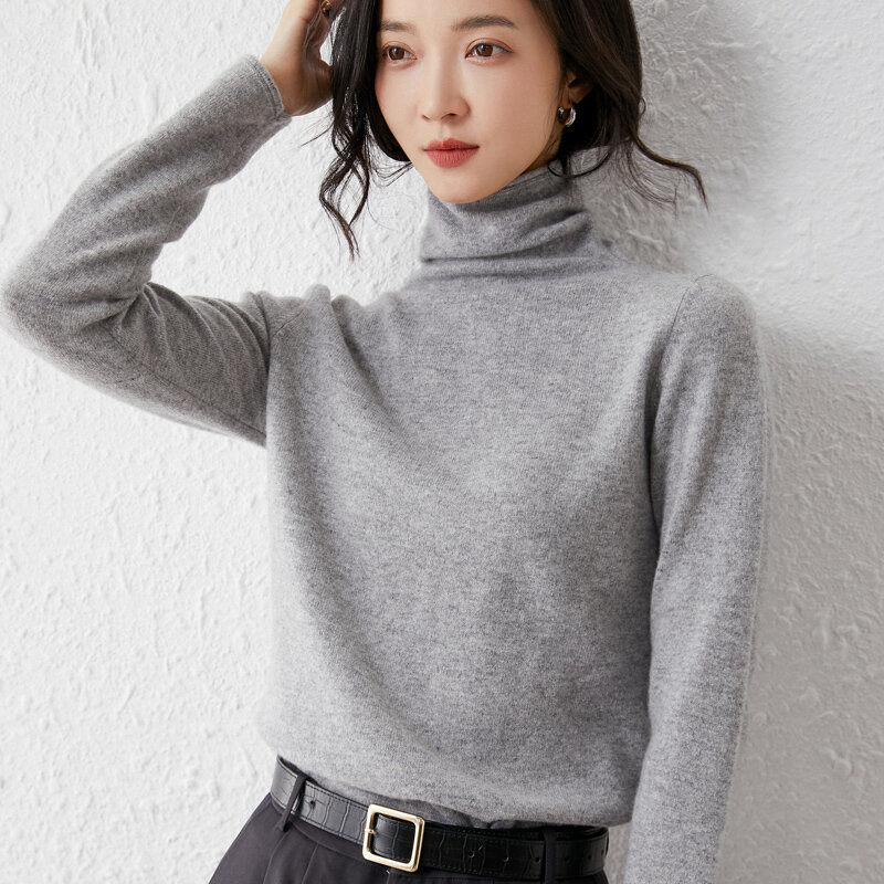 여자 2021 가을 겨울 새로운 스웨터 반 하이 넥 100% 순수 호주 양모 슬림 긴팔 스웨터 풀오버 기본 패션