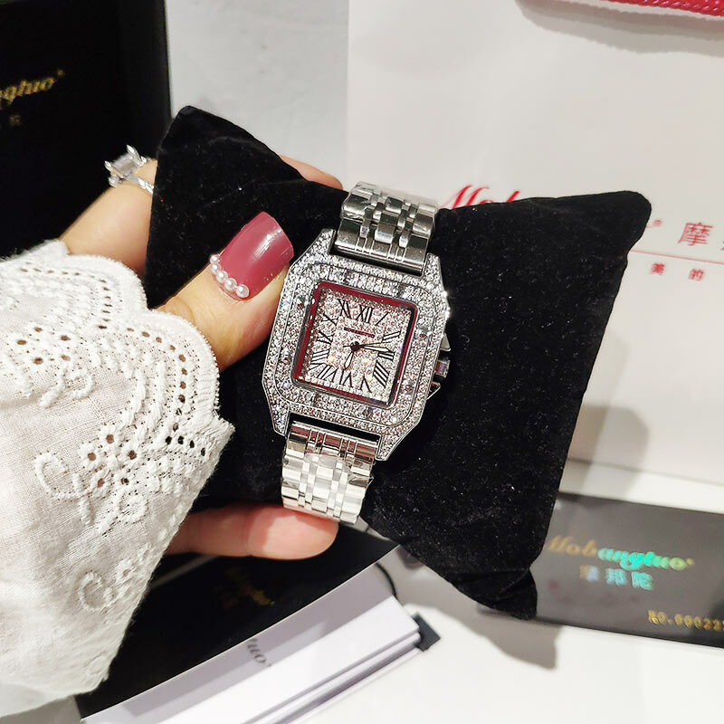 Prata moda de alta qualidade quadrado relógios femininos quartzo senhoras relógio com strass marca superior luxo designer relógio