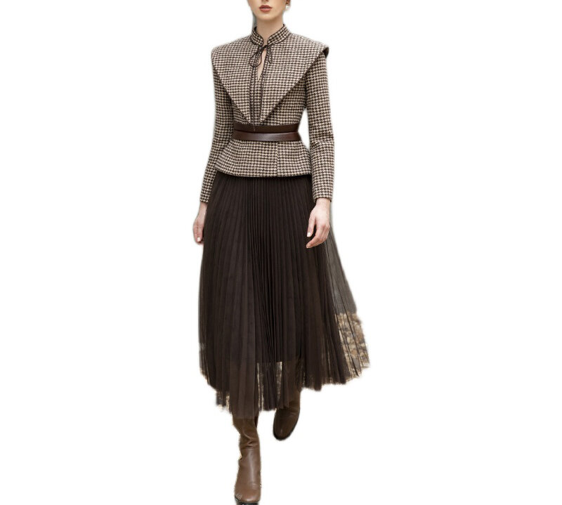 여성 레트로 슬림하고 얇은 다크 브라운 하운드투스, 가벼운 럭셔리 상의 및 스커트, 세미 포멀 드레스, 재단사 샵, 겨울