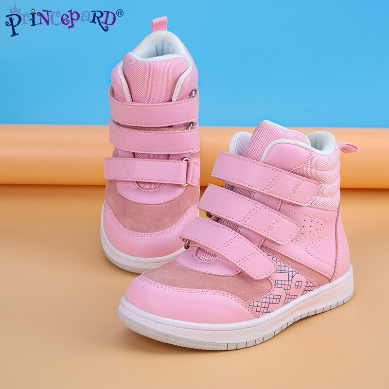 Princepard-Botines ortopédicos para niños y niñas, zapatillas con plantillas de soporte de arco, zapatos de cuero rosa y gris