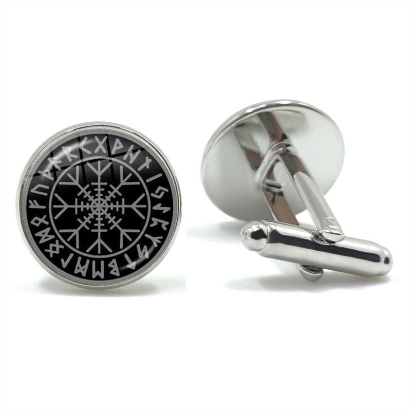 Nordic Vikings Compass Runes Men's Cufflinks High Quality Silver Color Glass Cabochon Shirt Suit Cuff Links Husband Gift