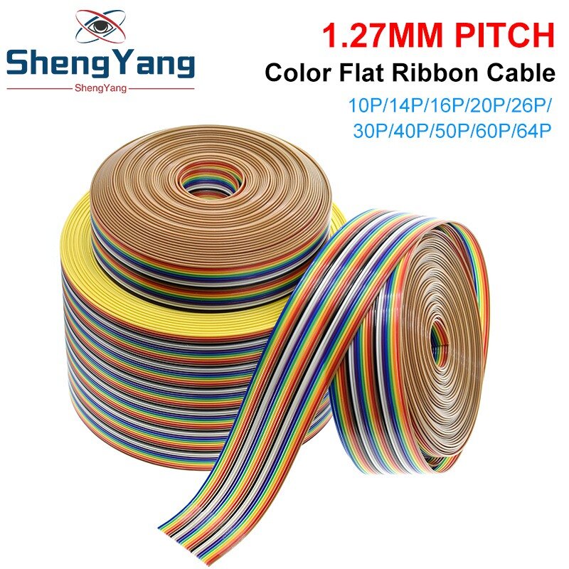 TZT kabel pita datar lapis pelangi, 1Meter 10P/12P/14P/16P/20P/26P/34P/40P/50P 1.27mm konektor FC Dupont