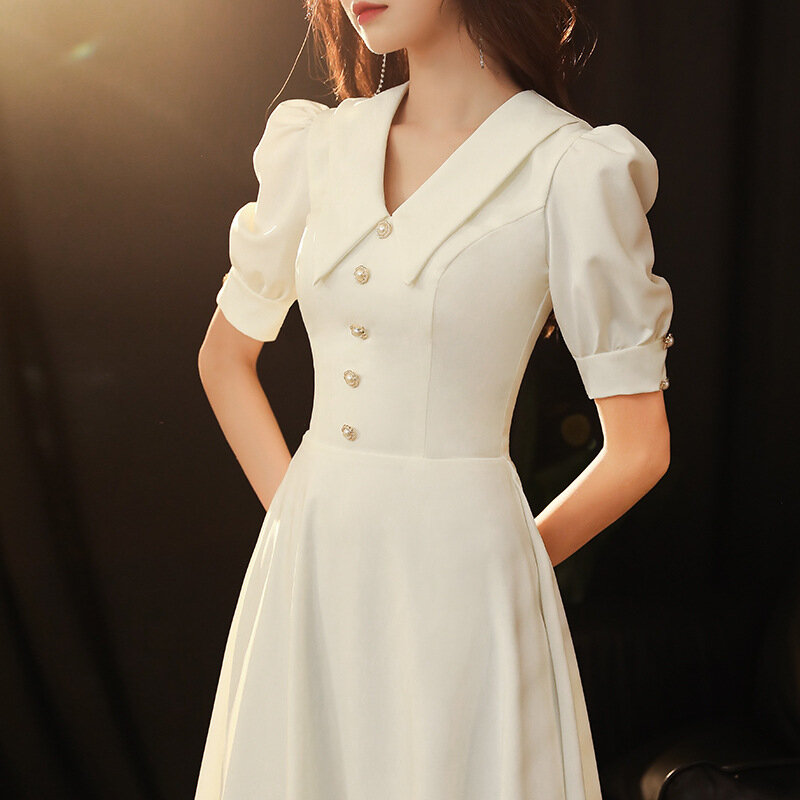 White Evening Dress French Elegant Puff Sleeve Slim A Line Midi Length Dresses Women Birthday Party Vestidos
