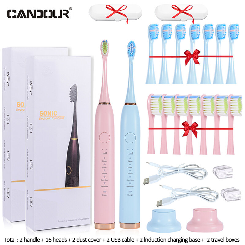 CANDOUR-cepillo de dientes eléctrico CD5138 para adultos, cabezal de cepillo de dientes sónico recargable con carga USB, repuesto con 16 cabezales