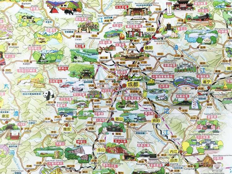 Mapa turístico de Sichuan, mapa chino e inglés, mapa de turismo dibujado a mano