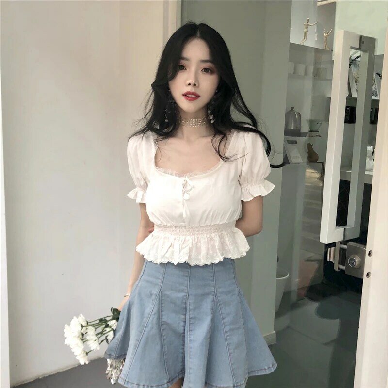 Womens Solid Short Sleeve Chiffon Tops Ladies Casual Lace Square Collar Blouses Vintage Square Collar Shirts Blusas Mujer