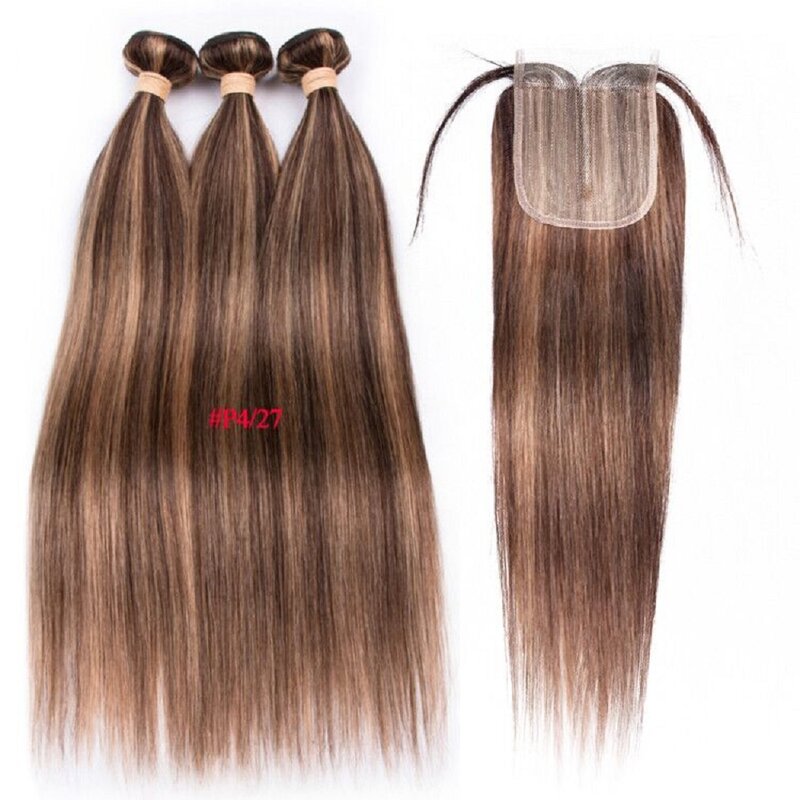 Highlight Ombre Bundles With Closure T part Brazilian Bone Straight Bundles With Closure Brown Human Hair Bundles With Closure