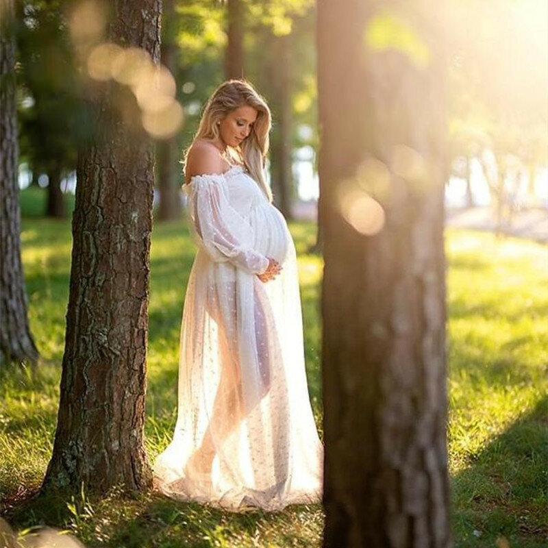 Puntelli per fotografia di maternità in Tulle a pois bianchi vestito vedere attraverso il servizio fotografico di maternità abito lungo in Tulle manica lanterna