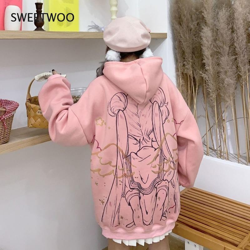 Hoodie Anime Pakaian Musim Gugur Musim Dingin Wanita 2020 Mode Kaus Cetak Antik Atasan Lengan Panjang Kawaii Hoodie Hangat Wanita