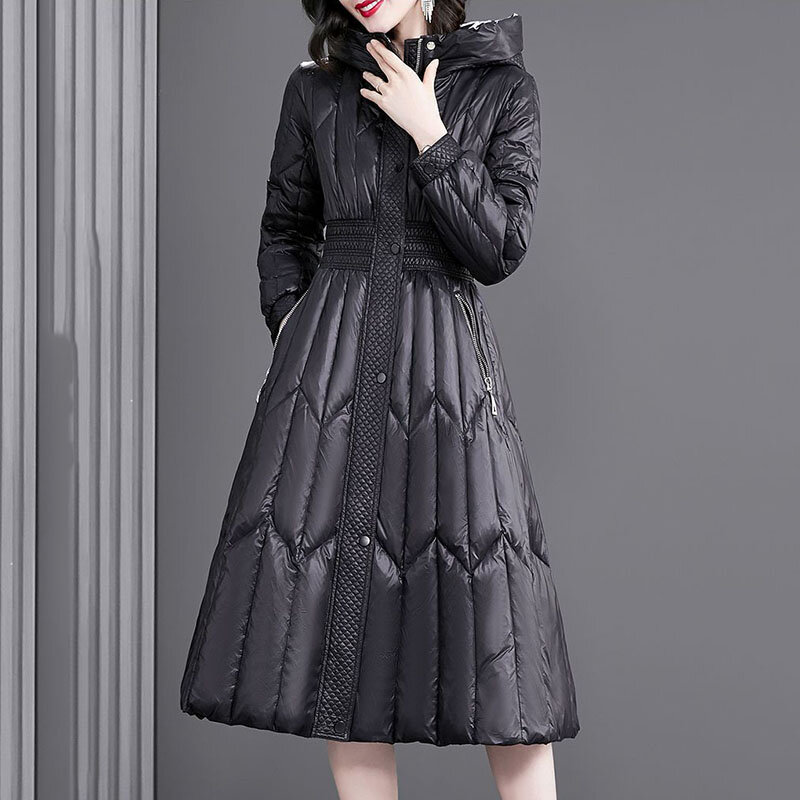 Novo preto longo para baixo algodão jaqueta feminina casual com capuz parka casaco de inverno high end grosso quente acolchoado algodão jaqueta 3xl