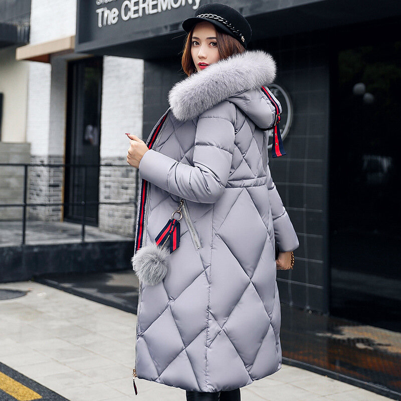Abrigo de invierno de piel grande para mujer, parka gruesa con costuras, abrigo largo ajustado de plumón de algodón, chaqueta de plumón, 2019