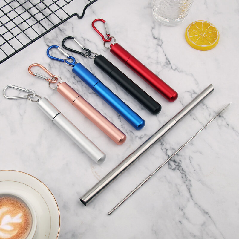 Reusable Stainless Steel Telescopic Straw Travel Portable Drinking Straw with Cleaning Brush & Case Collapsible Metal Straw Set