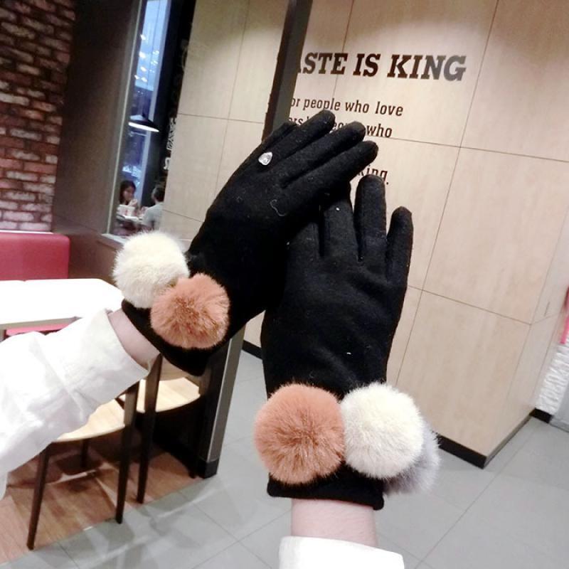 Imitation Mink Wool Ball Cashmere Gloves Korean Winter New Five-Finger Gloves Female Net Red Warm Thick Touch Screen Gloves