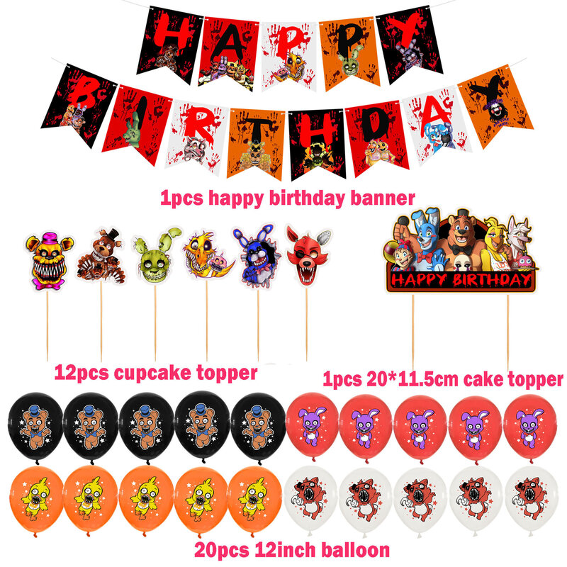 Five Nights at Freddy's Party Supplies, Cartoon Game, Bear Balloons, Happy Birthday Banner, Decoração de Festa, Cake Topper, Toy