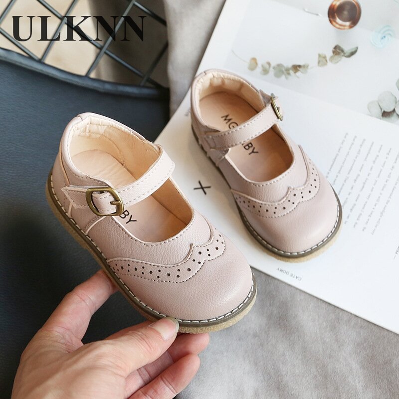 Ulknn-novos calçados de couro para crianças, sapatos casuais para meninas, outono e inverno, preto, rosa, tamanhos 21 a 30, rasteirinha para crianças