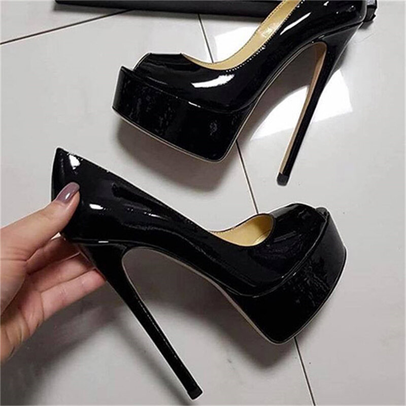 UVRCOS-zapatos de tacón alto de charol para mujer, calzado Sexy con plataforma y Punta abierta, color negro, rojo y blanco, tallas 35-44