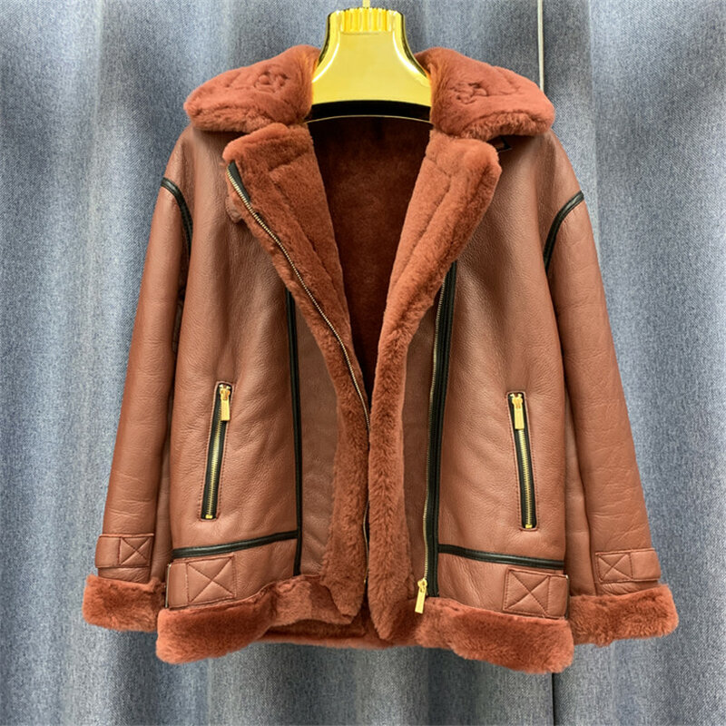 Fashion 100% Real Sheepskin and Genuine Leather Shearling Wool Fur Jacket Motorcycle Female Coat Plus size Outwear C21
